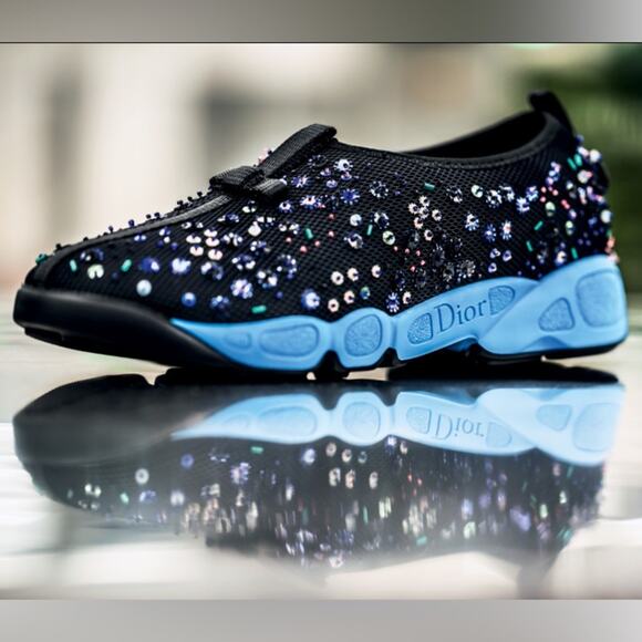 Dior Fusion Black Mesh Beaded Sequin Embellished Pull On Sneakers 38.5 (8.5) - Picture 1 of 13